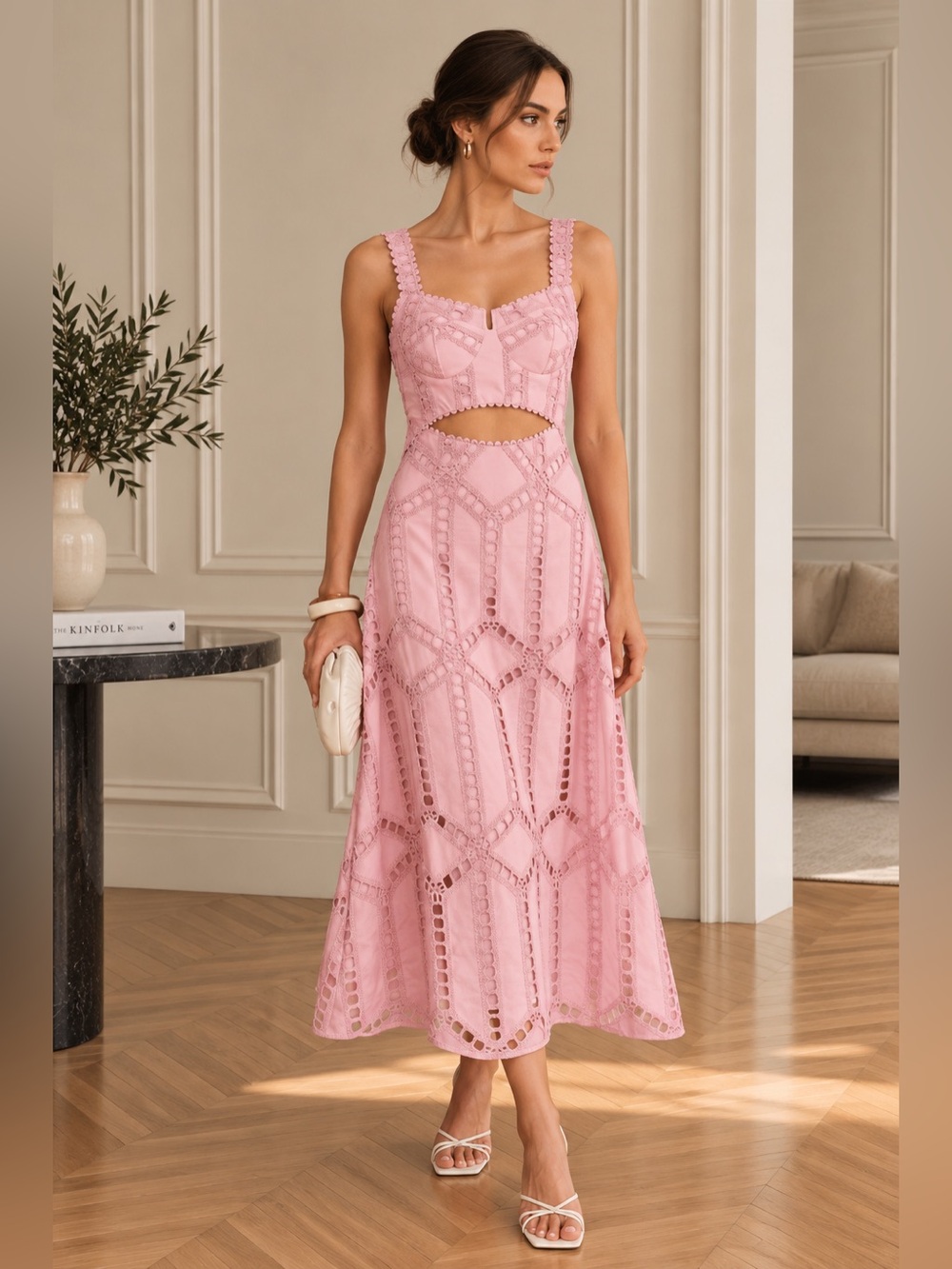 Commense Pink Cotton Eyelet Cutout Maxi Dress XS